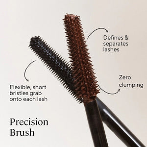 Three close-up shots of a blue eye: lashes with no mascara (before), lashes enhanced with MINORI - MOTHER OF LASHES MASCARA, BROWN by MINORI, and lashes with black mascara, highlighting the color and definition differences.