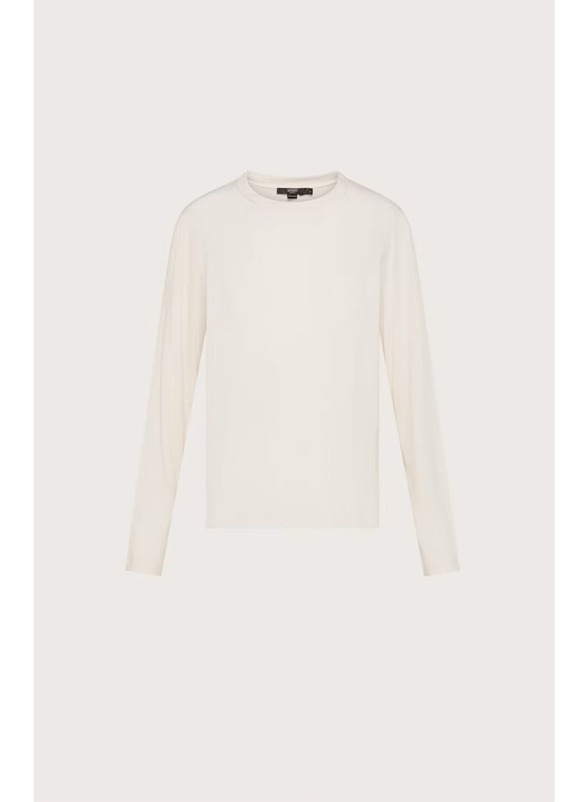 The SEVENTY VENEZIA - Crew Neck Cotton and Modal Top in Ivory by SEVENTY is showcased against a light background, featuring a simple front view with no visible patterns, logos, or embellishments. Made from a soft cotton-modal blend, this long-sleeve top combines comfort with timeless, understated style.