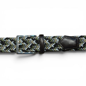 ATHISON - BRAIDED RAYON STRETCH BELT IN FOREST size chart: XS–XL fits waists 70–115 cm, belt lengths 90–130 cm. Chart features an illustrated "M" belt for waist 95 cm and total length 110 cm. Brand: ATHISON.