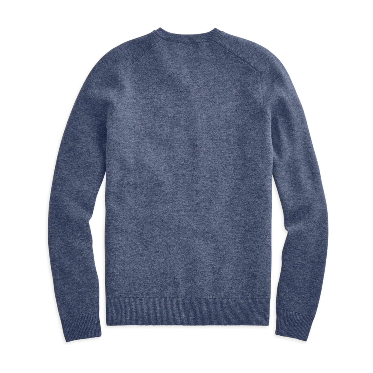 The MACK WELDON Tech Cashmere V Neck Sweater in Navy is laid flat on a white background, showcasing its ribbed collar, cuffs, and hem, along with a subtle heathered texture for style and comfort.