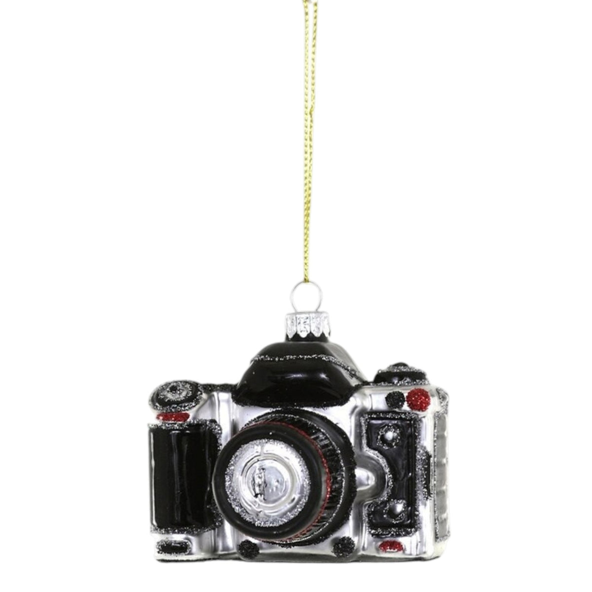 A black and silver GLASS CAMERA ORNAMENT by CODY FOSTER measuring 2.5 x 2 x 2.5 inches, hanging from a gold string.