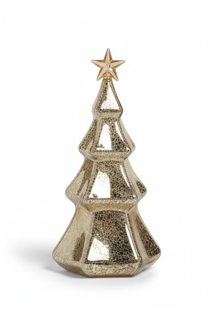 ZODAX LED HEXAGON ANTIQUE TREE WITH STAR DESIGN, a metallic, hexagonal-shaped Christmas tree ornament with a mercury glass finish, integrated LED light, and a star topper.