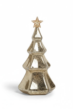 ZODAX LED HEXAGON ANTIQUE TREE WITH STAR DESIGN, a metallic, hexagonal-shaped Christmas tree ornament with a mercury glass finish, integrated LED light, and a star topper.