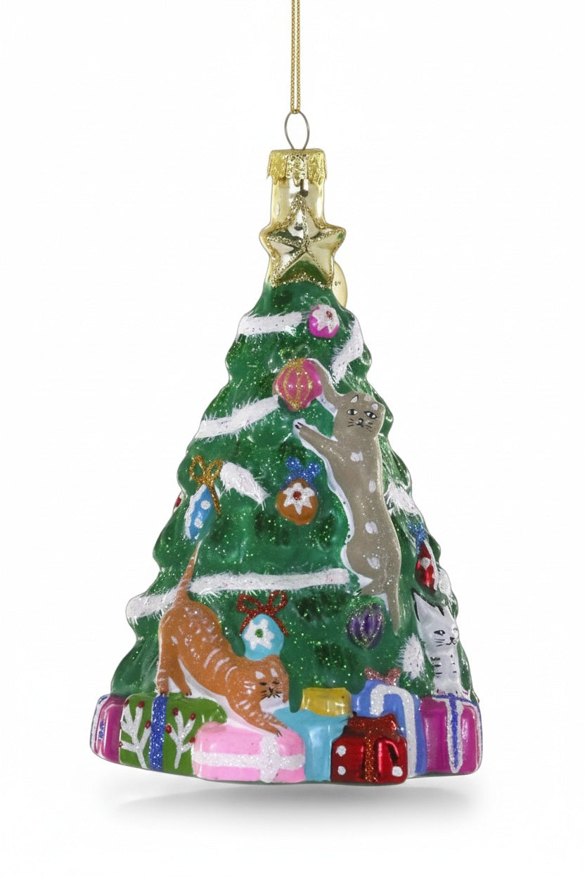 CODY FOSTER FRIVOLOUSLY FESTIVE FELINE ORNAMENT: a 5-inch glass Christmas tree ornament featuring a decorated green tree with three cats playing among the branches and wrapped gifts at the base.