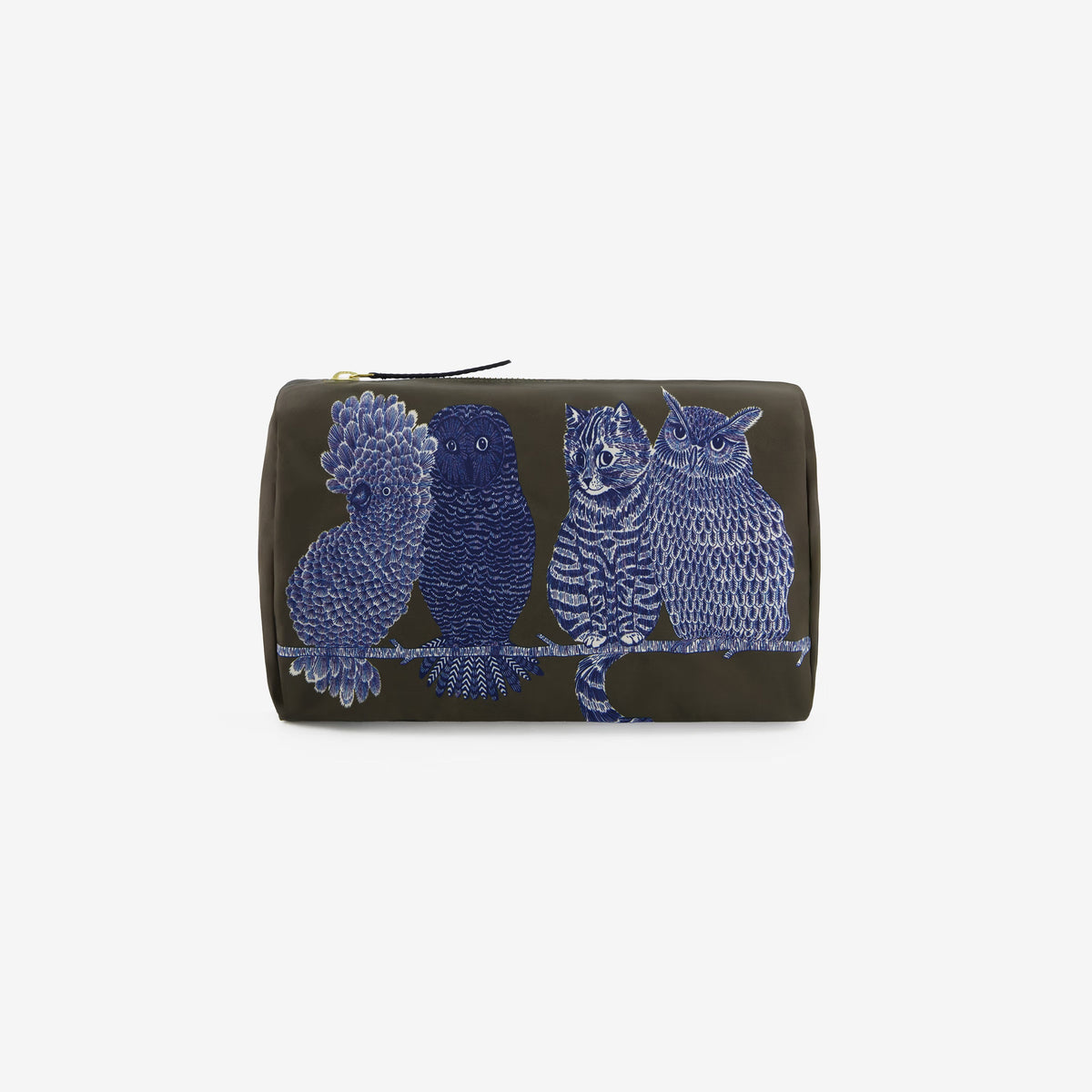 The INOUI EDITIONS - CHOUETTE COSMETIC POUCH IN KHAKI by INOUI is a khaki polyester pouch featuring embroidered designs of three blue owls and one blue cat sitting together on a branch, crafted in India.