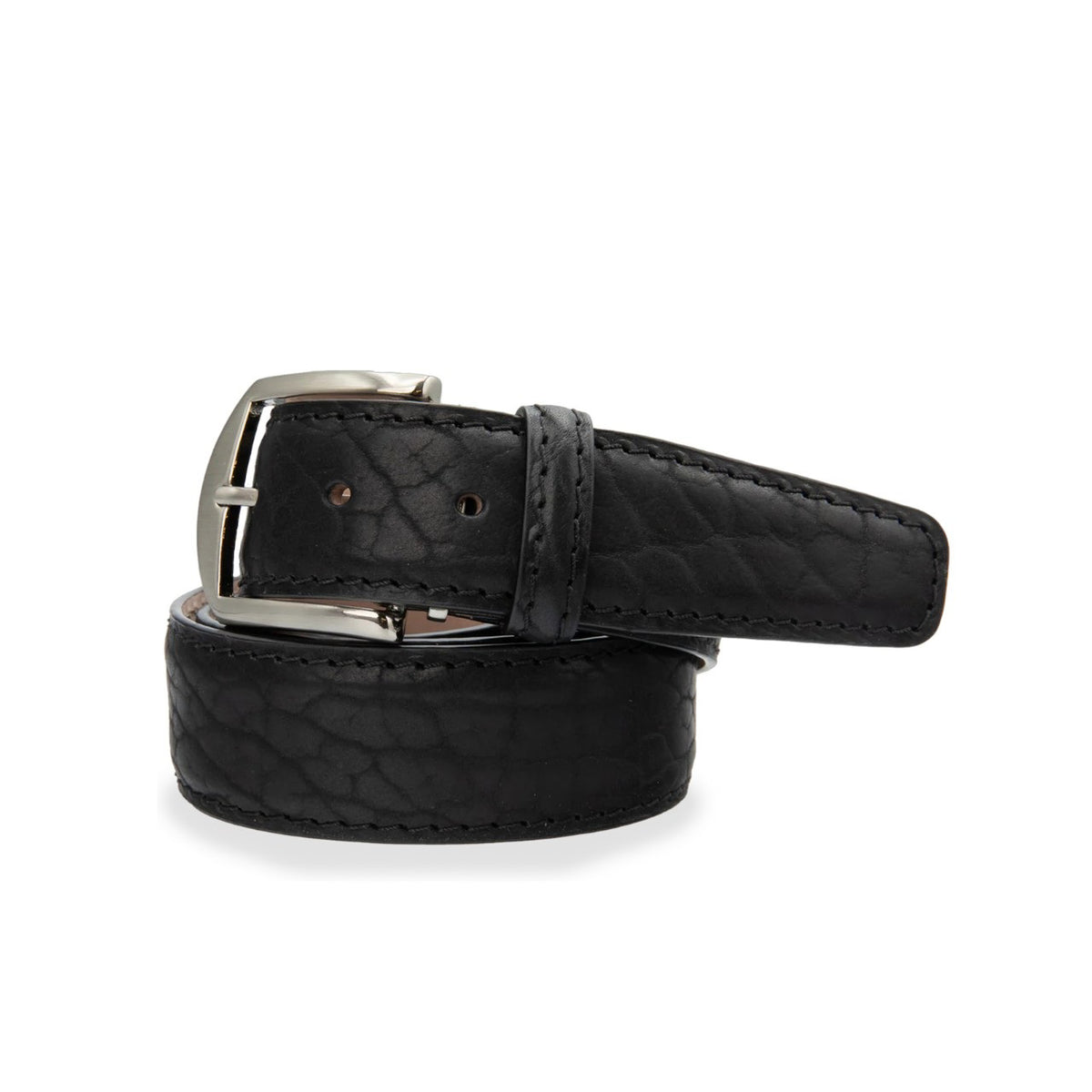 The LEN LIFESTYLE American Bison Belt in black features genuine leather, a silver rectangular buckle, visible tan lining, and a circular display. Handcrafted in the USA for lasting quality and classic style.