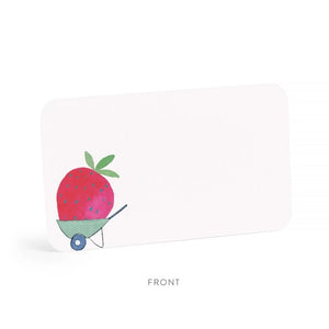 The E. FRANCES - LITTLE NOTES DUO STRAWBERRY card by E. FRANCES PAPER is rectangular with rounded corners and a green and white checkered pattern. “BACK” is printed below, along with small text and a recycling symbol at the bottom center.