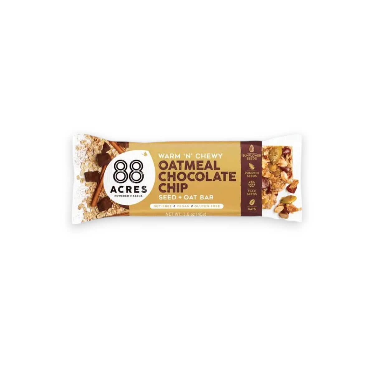 A packaged snack bar labeled &quot;88 ACRES - OATMEAL CHOCOLATE CHIP SEED OAT BAR&quot; from the brand 88 ACRES is shown against a light wooden background. The packaging highlights that it is a seed + oat bar, emphasizing its nut-free, vegan, and gluten-free qualities, and promises creamy chocolate chips for a delightful chewy texture.