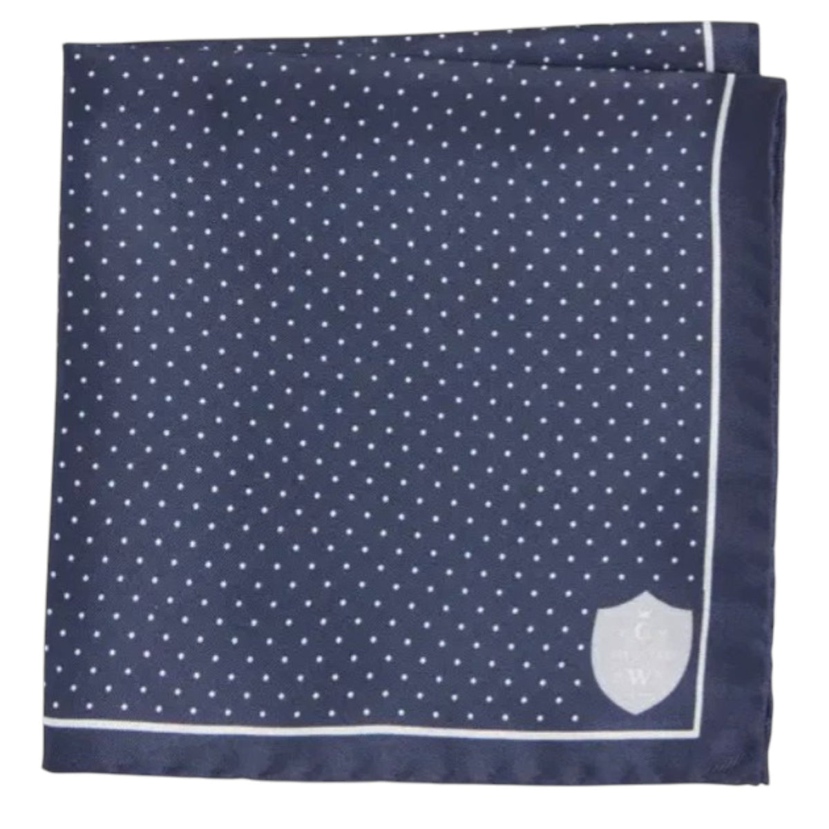 The CLIFTON WILSON - NAVY &amp; WHITE POLKA DOT SILK POCKET SQUARE features Italian silk in navy blue, a white dot grid pattern, a crisp white border, and a "CGW" crest in one corner.