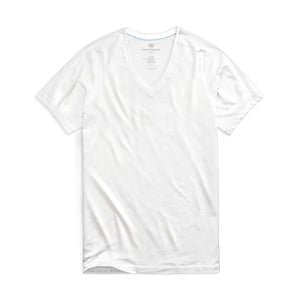 The MACK WELDON 18 Hour Jersey V-Neck Undershirt, a plain white slim fit short-sleeve tee, is laid flat on a white background.