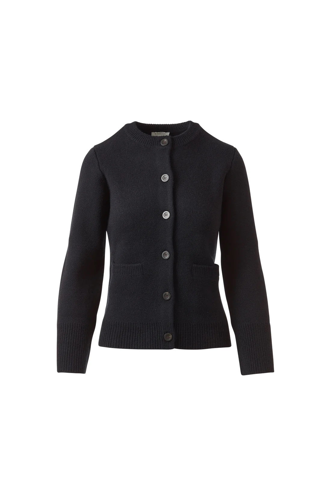 The KINROSS CASHMERE Doubleknit Fitted Crew Neck Cardigan features beige wool-cashmere fabric, long sleeves, ribbed cuffs and hem, front pockets, and a round neckline, shown on a plain white background.