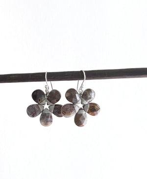 These sophisticated ANN LIGHTFOOT - Pietersite Flower Earrings showcase a graceful design with black petals complemented by sterling silver accents. Each earring is crafted with five symmetrical petals, exuding an elegant charm. Featuring convenient hooks for easy wearing, these earrings seamlessly blend style and functionality.
