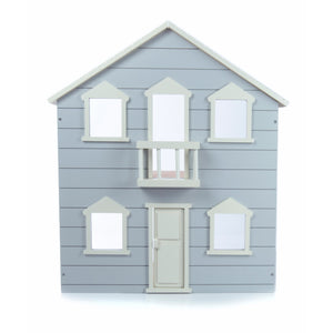 Introducing the GROVE WOODEN DOLLHOUSE WITH FURNITURE, a beautifully handcrafted two-story dollhouse. The bottom floor boasts a cozy living room complete with a sofa, table, lamp, and detailed Dollhouse Furniture for the kitchen, including a dining table and fridge. Upstairs, you'll find a charming bedroom with a bed and wardrobe alongside a bathroom equipped with a bathtub and sink.