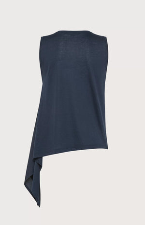 The SEVENTY VENEZIA sleeveless asymmetrical crew-neck top by SEVENTY is crafted from a lightweight silk-blend fabric with a jersey back. This dark navy blue blouse features an elegant, flowing design on the left side, creating a sophisticated look with its smooth texture and subtle sheen.