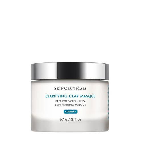 A 67g (2.4 oz) jar of SKINCEUTICALS - CLARIFYING CLAY MASK. The jar features a white label with black and blue text and is topped with a silver lid. This purifying treatment aims to decongest pores, remove excess oil, and refine skin texture. It belongs to SkinCeuticals&#39; Correct line.
