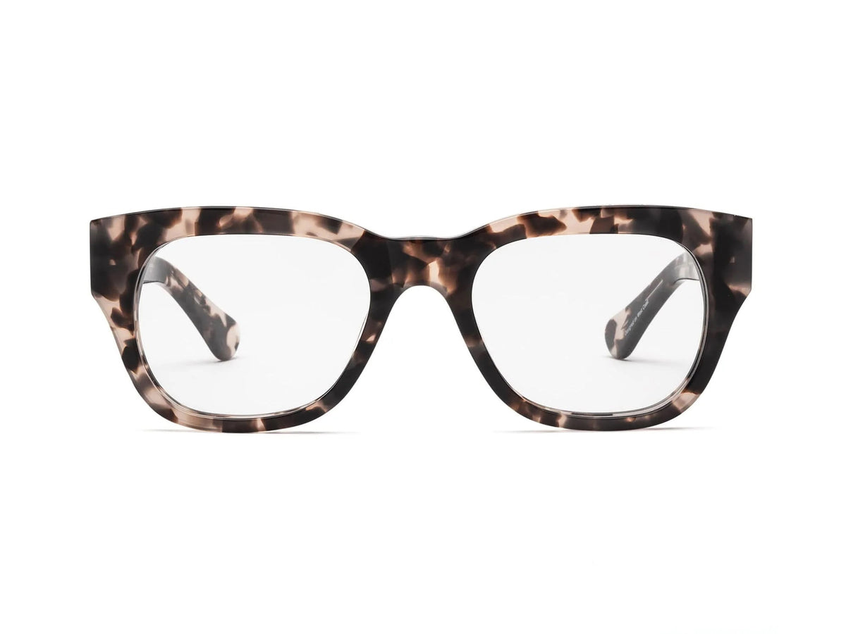 Front view of CADDIS - MIKLOS PROGRESSIVE READERS by CADDIS, featuring thick rectangular premium acetate frames in a brown and black tortoiseshell pattern, displayed against a plain white background.