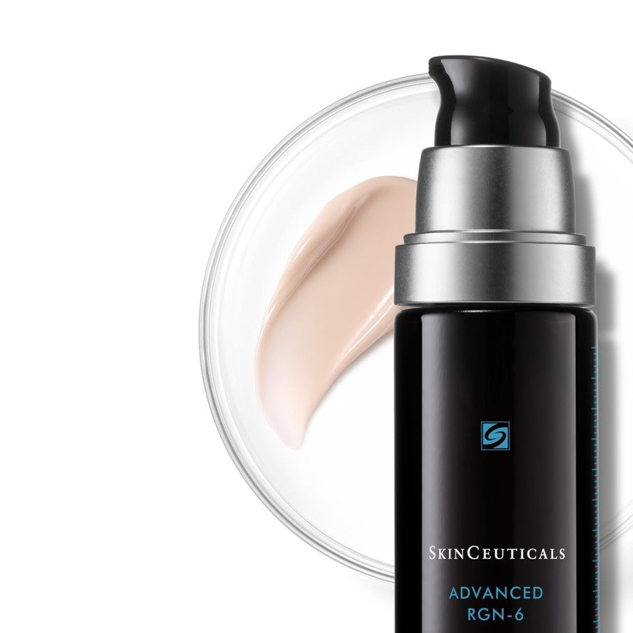 A bottle of SKINCEUTICALS - ADVANCED RGN-6 by SKIN CEUTICALS is displayed on a bold black and red background, highlighting its patented anti-aging formula and six key ingredients for visible skin rejuvenation.