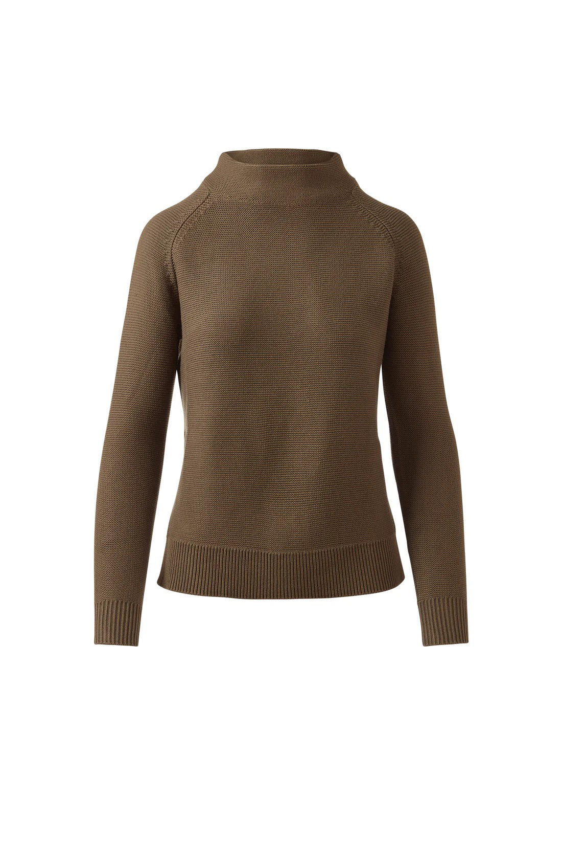 The KINROSS CASHMERE Garter Funnel Sweater in Cotton is a light pink, long-sleeve knit with a mock neck and ribbed cuffs and hem, crafted from 100% cotton. Displayed on a plain white background. Brand: KINROSS.