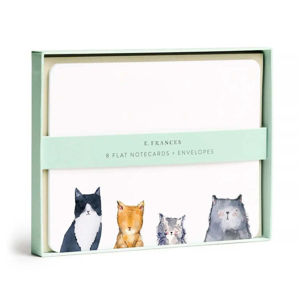 The E. FRANCES PAPER - FLAT NOTES CAT'S MEOW set includes flat notecards with watercolor illustrations of four different cats and matching envelopes, all in light green packaging with a transparent window.