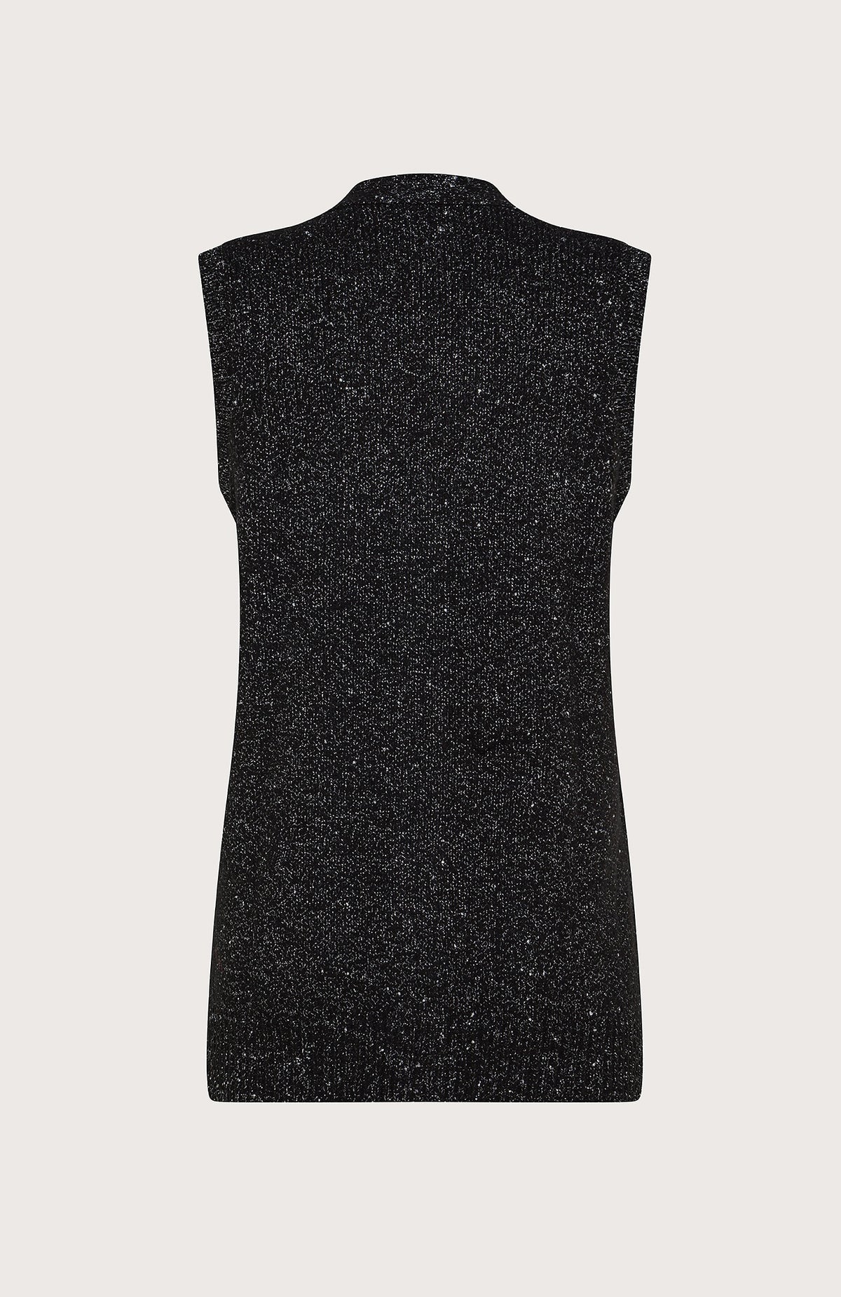 The SEVENTY VENEZIA - GILET VEST by SEVENTY is a sleeveless black knit vest in textured fabric, shown from the back against a plain light background—an elegant Italian-made layering piece.