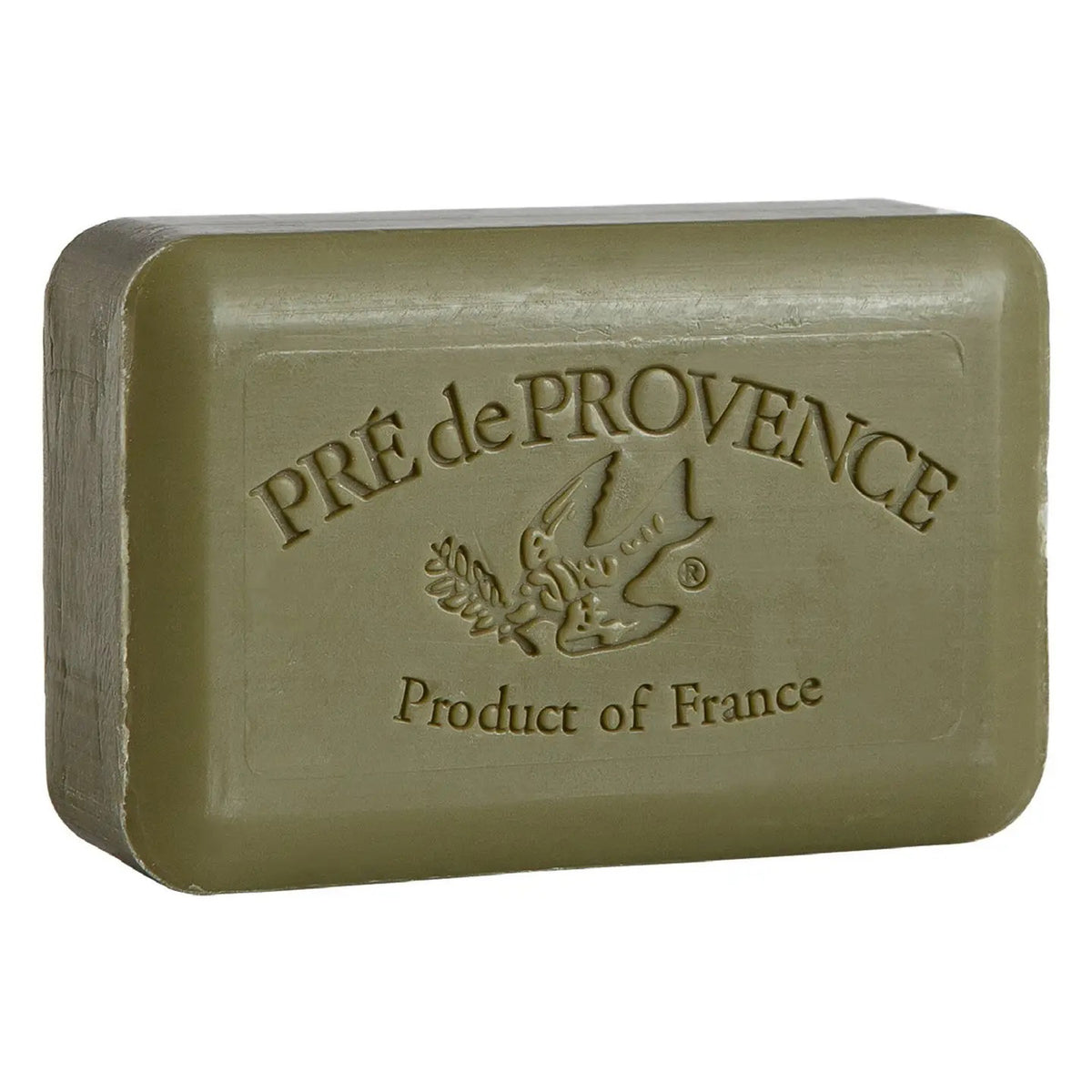 A 350g green rectangular French soap bar from EUROPEAN SOAPS, LLC, embossed with "Pré de Provence, Product of France", features the calming scent of lavender and an embossed dove with an olive branch.