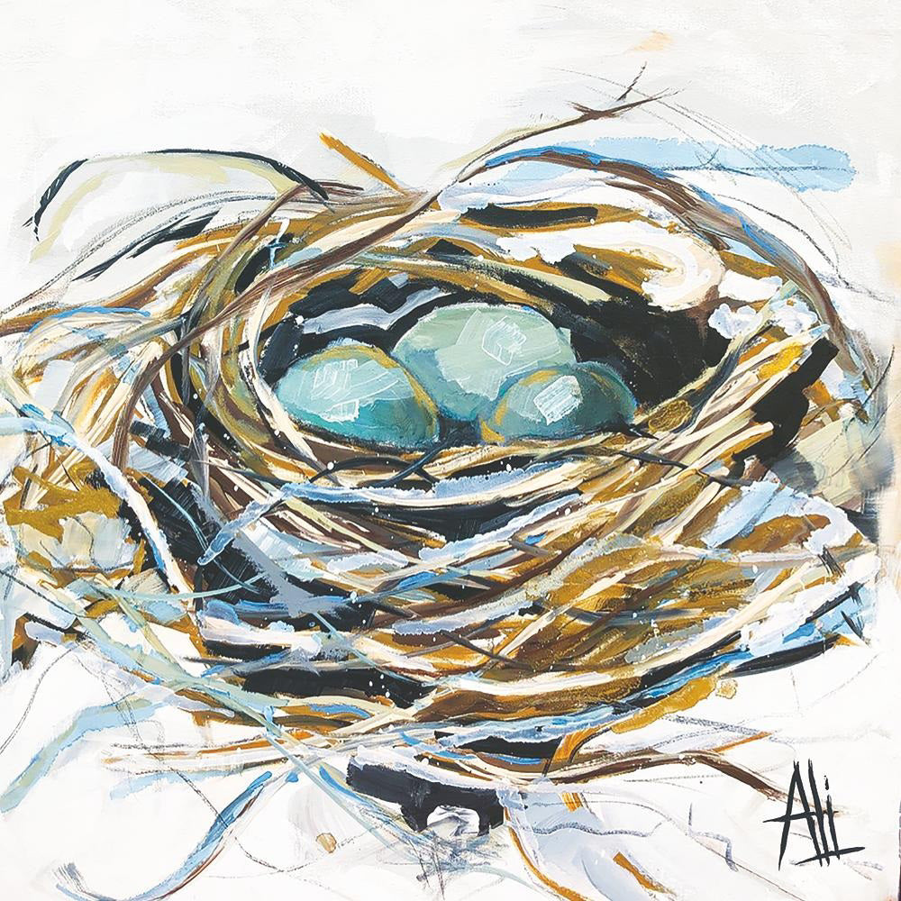 A loose and expressive abstract painting of a bird&#39;s nest with three blue eggs, ROBIN&#39;S NEST BEVERAGE NAPKINS by PAPER PRODUCTS DESIGN features swirling brown, beige, and white strokes on a light background—reminiscent of refined 3-ply designs made in Germany.