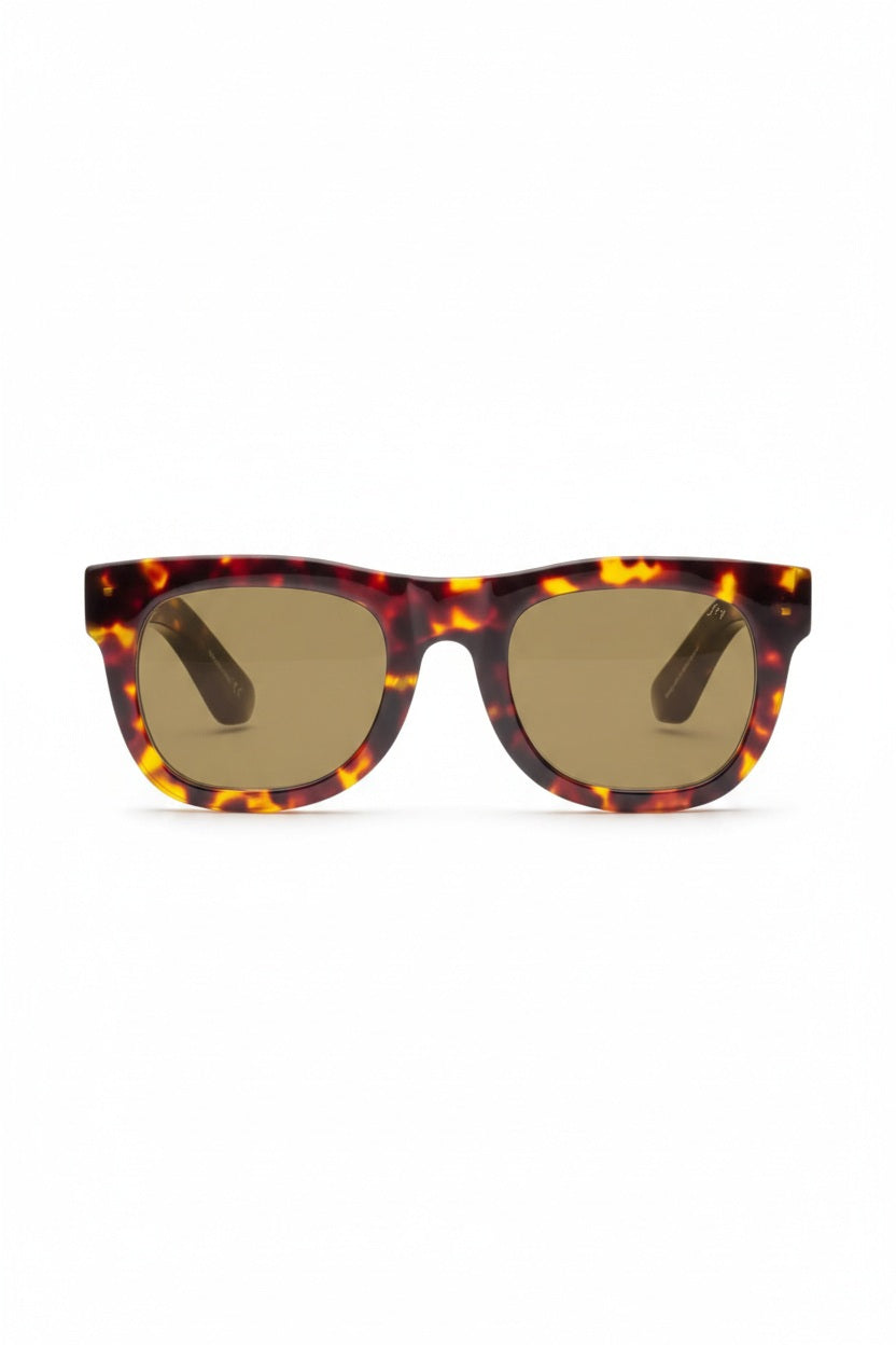 The CADDIS D28 Sunglasses in Turtle feature a durable acetate frame in a tortoiseshell finish and brown-tinted, polarized lenses, shown from the front view against a white background.
