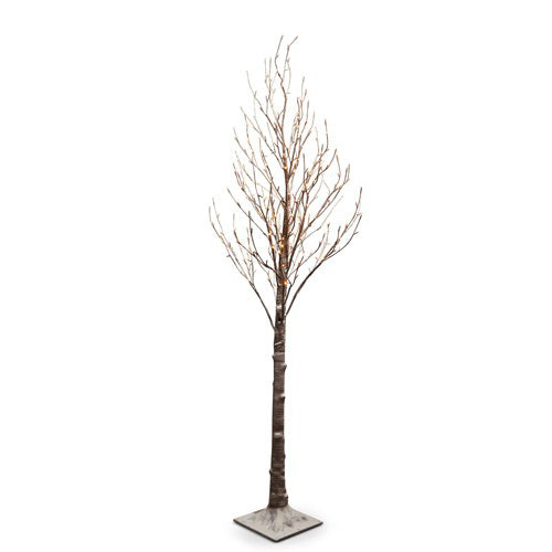 LIGHTED SNOWY TREE - 7′ with bare branches and integrated fairy lights, standing on a square base.