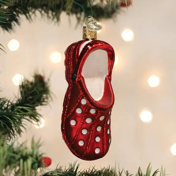 Old World Christmas RUBBER CLOG ORNAMENT shaped like a red rubber clog with white glitter polka dots.