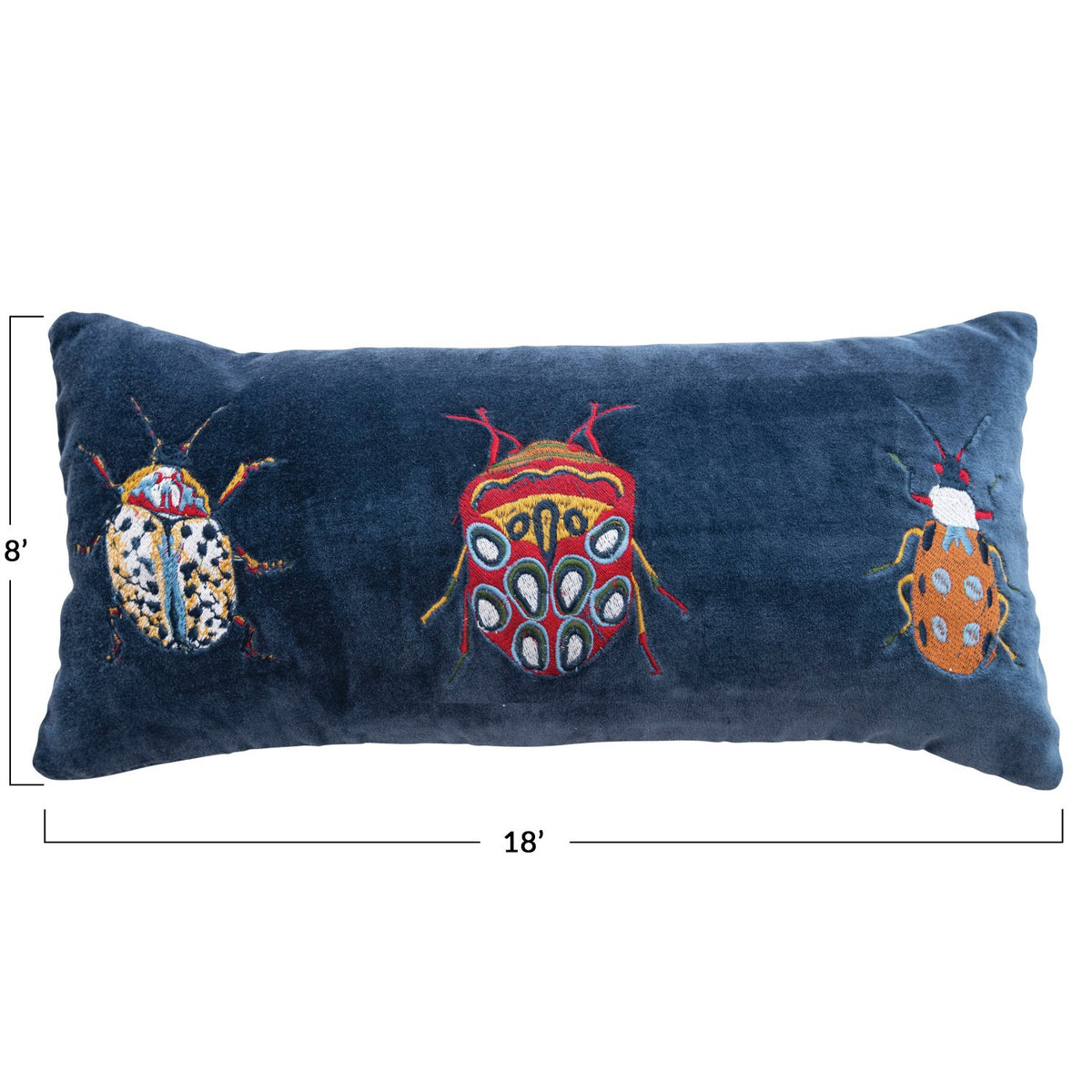 The CREATIVE COOP BLUE VELVET LUMBAR PILLOW features embroidered designs of three colorful beetles in various patterns across the front.