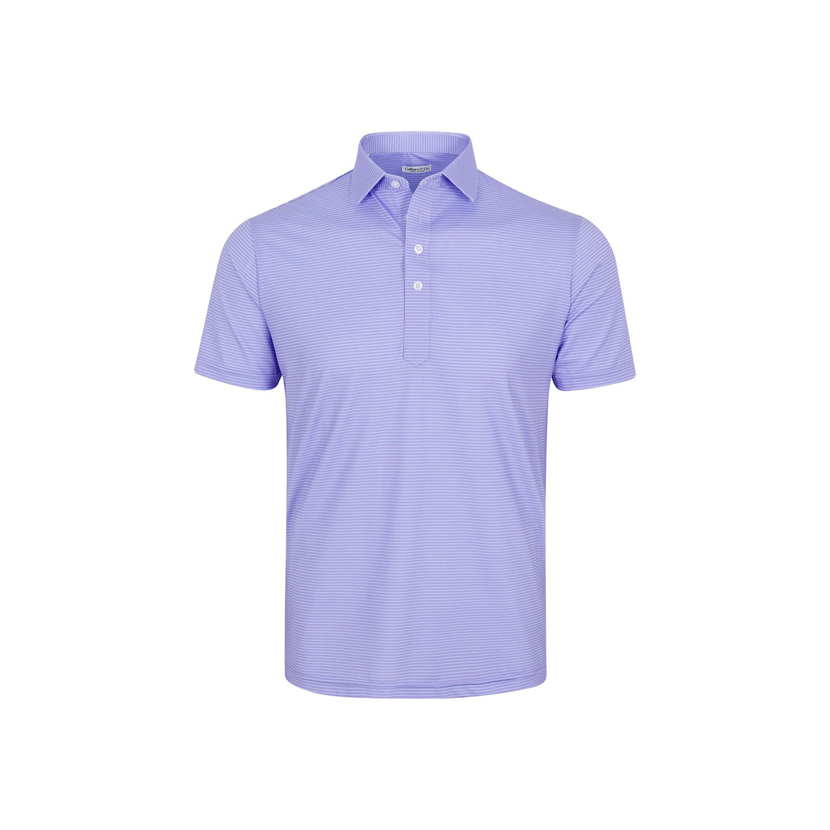 A man wearing sunglasses, a navy blazer, beige pants, and the COLLARS AND CO - Featherweight Flex Polo in Brookline Lavender with Turquoise Stripe stands outdoors in a leafy area, looking to the side and buttoning his jacket.