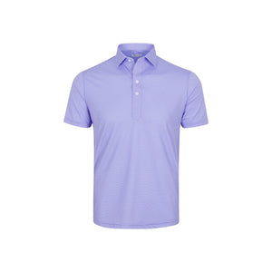 A man wearing sunglasses, a navy blazer, beige pants, and the COLLARS AND CO - Featherweight Flex Polo in Brookline Lavender with Turquoise Stripe stands outdoors in a leafy area, looking to the side and buttoning his jacket.
