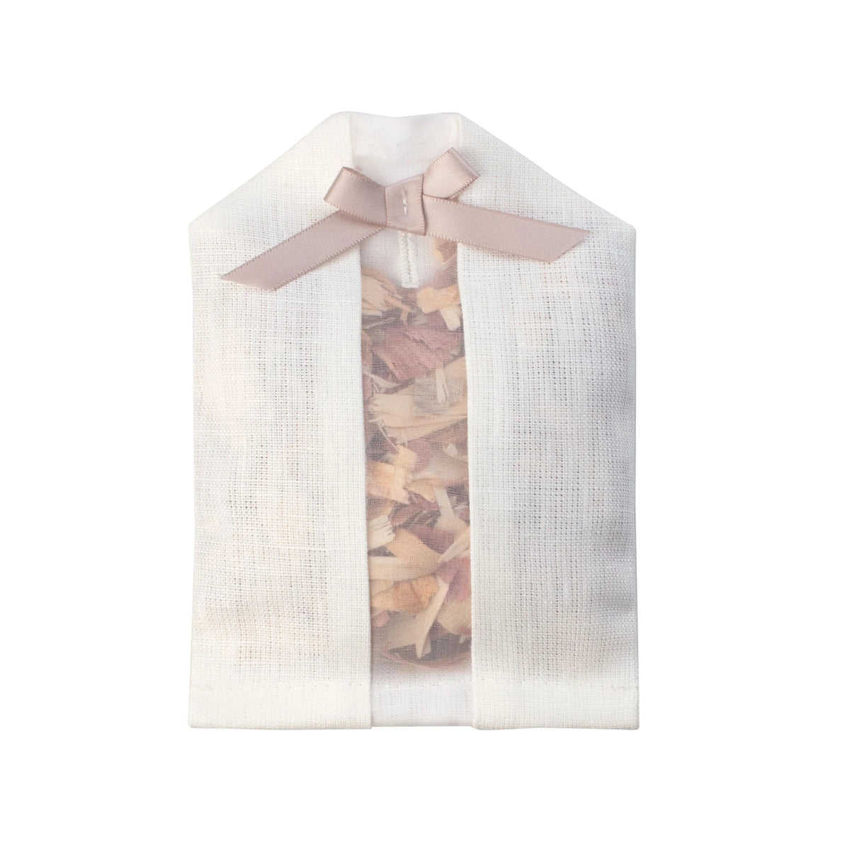 The HANGER CEDAR SACHET IVORY LINEN by E WIGHTMAN &amp; CO is a cream-colored sachet filled with dried botanicals, featuring a sheer front panel that reveals its contents inside. This handcrafted sachet is tied with a light pink ribbon at the top, adding an elegant touch to the simple packaging design, making it perfect for use as a luxury closet sachet.