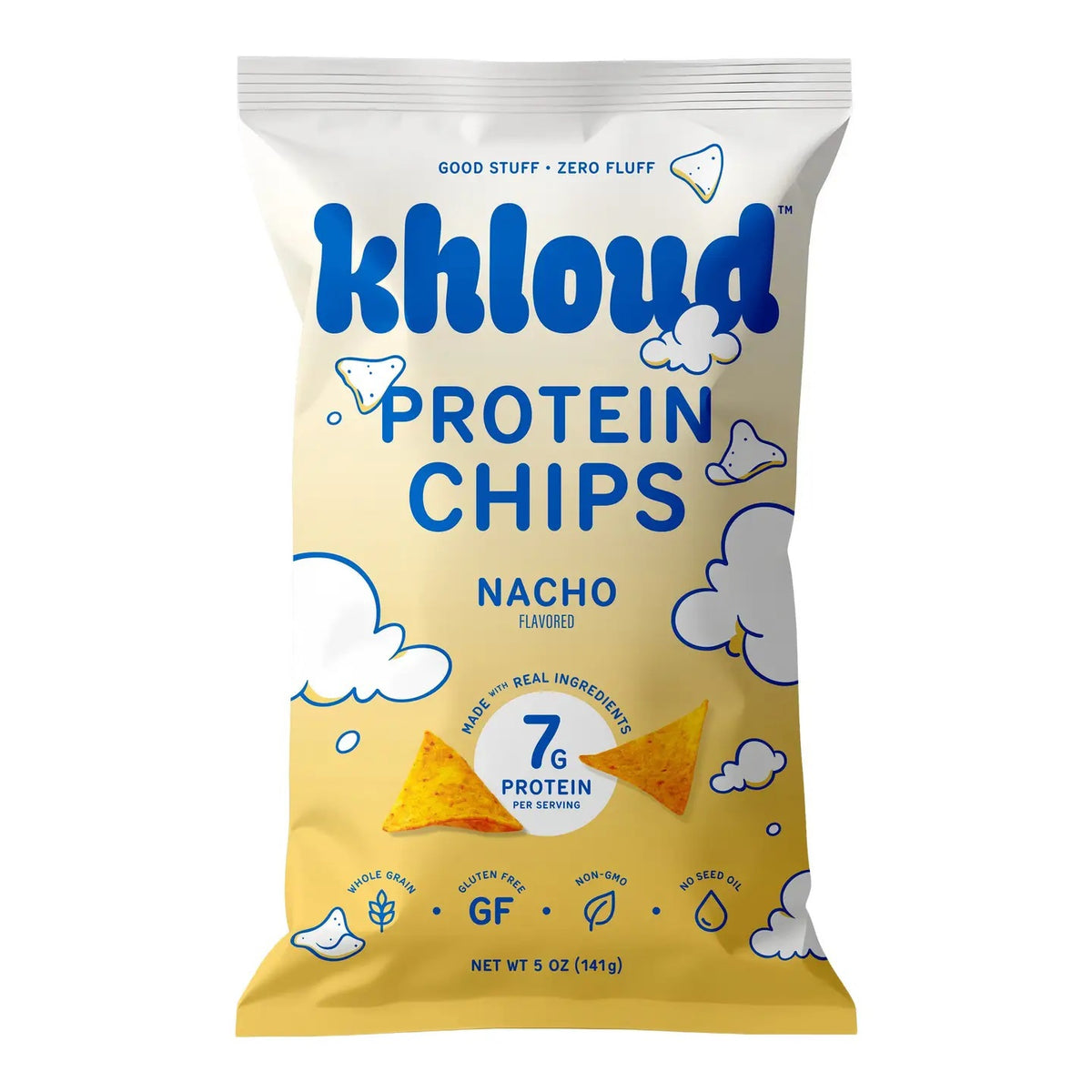 A 5 oz (141g) bag of KHLOUD NACHO PROTEIN CHIPS by KHLOUD FOODS, featuring an illustration of clouds and tortilla-style chips. The packaging highlights 7g of protein per serving and notes that the chips are gluten-free, non-GMO, and free from nut and seed oils for a satisfyingly savory flavor.