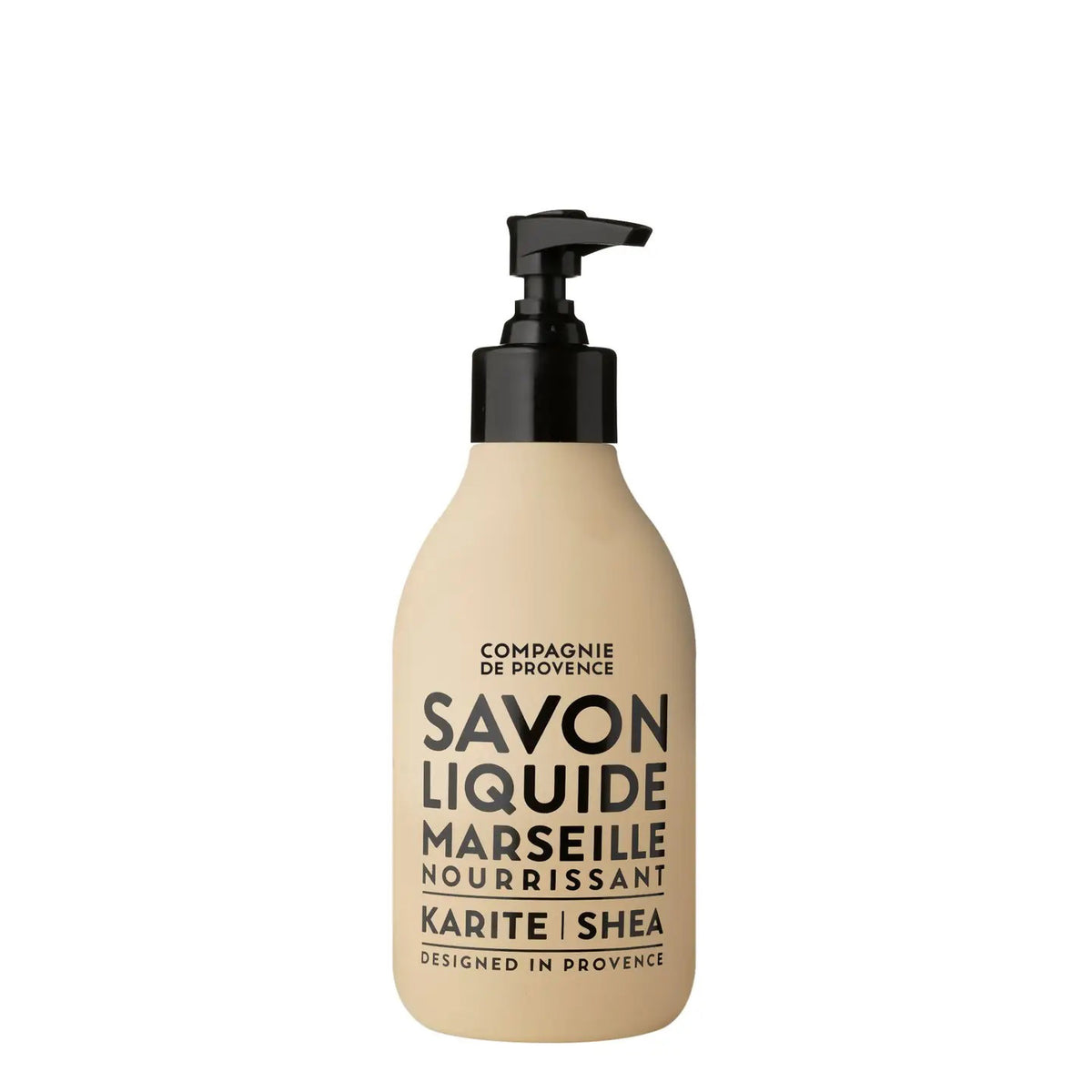 A beige pump bottle of CIE LUXE BRANDS COMPAGNIE DE PROVENCE SAVON LIQUIDE DE MARSEILLE SHEA BUTTER 10OZ, a gentle cleanser with nourishing shea butter and bold black text on the front.