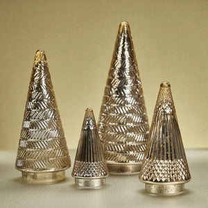 SIBERIAN ANTIQUE GLASS LED TREE IN GOLD, MEDIUM, a cone-shaped tree with a metallic gold finish and textured geometric patterns.