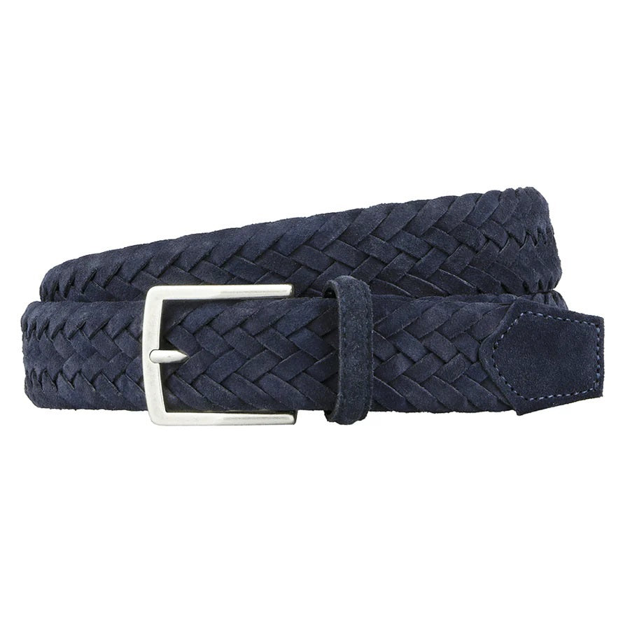 Size guide for the ATHISON - BRAIDED SUEDE BELT IN INDIGO, listing waist measurements and total lengths (cm) for sizes XS to XL. An orange belt diagram highlights where waist and total length are measured. Brand: ATHISON.
