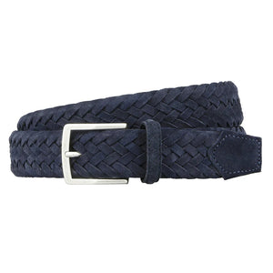 Size guide for the ATHISON - BRAIDED SUEDE BELT IN INDIGO, listing waist measurements and total lengths (cm) for sizes XS to XL. An orange belt diagram highlights where waist and total length are measured. Brand: ATHISON.