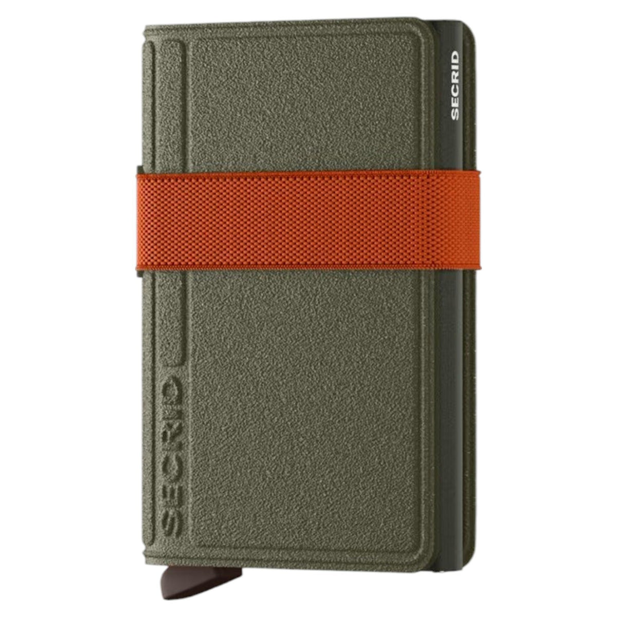 The SECRID - BANDWALLET LIBA® IN GREEN AND ORANGE by SECRID features an open, slim design with visible euro banknotes and three credit cards organized in dedicated slots. This wallet includes sections for both cash and cards and offers RFID protection to keep your information secure.