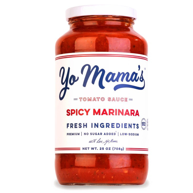 A jar of Yo Mama's Vodka Sauce is shown. The label highlights its fresh ingredients, premium quality, no sugar added, and low-sodium content. KETO Certified and low carb, it has a net weight of 25 oz (708g). "Yo Mama's" is written in large blue script font.