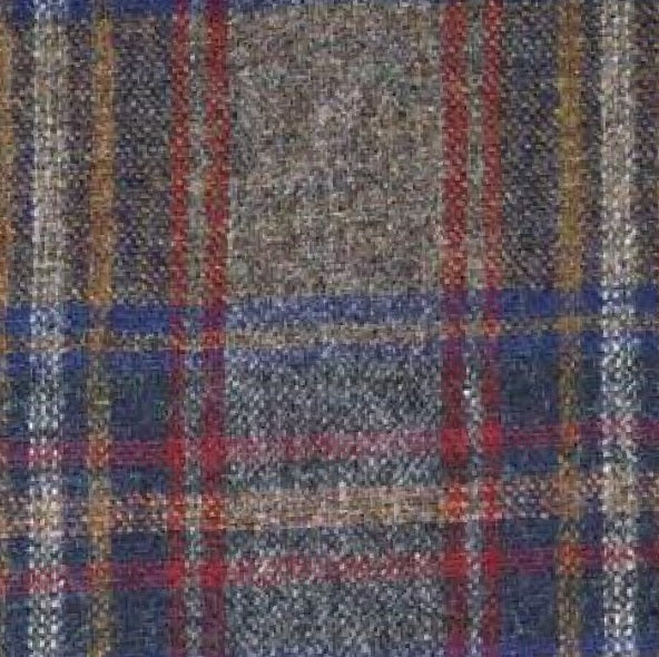Close-up of virgin wool fabric in a multicolor check pattern, featuring intersecting blue, red, gold, and gray stripes. The central area appears worn or faded compared to the rest of the material, reminiscent of traditional fabrics used in the WIGENS IVY SLIM VIRGIN WOOL CAP IN MULTICOLOR CHECK by WIGENS.