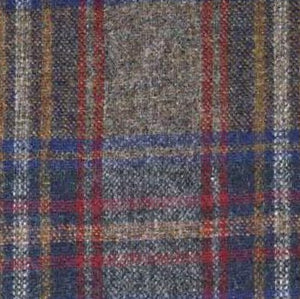 Close-up of virgin wool fabric in a multicolor check pattern, featuring intersecting blue, red, gold, and gray stripes. The central area appears worn or faded compared to the rest of the material, reminiscent of traditional fabrics used in the WIGENS IVY SLIM VIRGIN WOOL CAP IN MULTICOLOR CHECK by WIGENS.