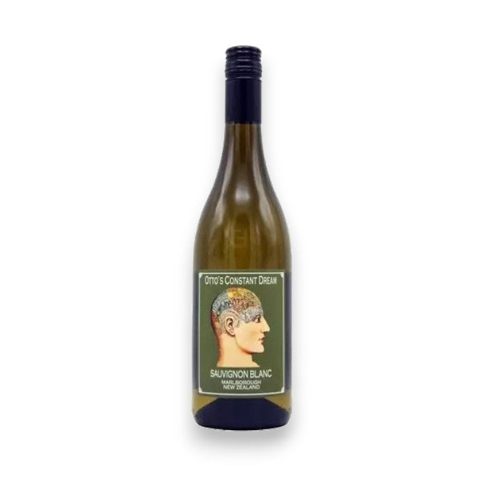 A bottle of OTTO'S CONSTANT DREAM SAUVIGNON BLANC 2024 from Marlborough features a stylized human head design, proudly showcasing its New Zealand origins. Part of the WINE: KELLOGG SELECTIONS brand.