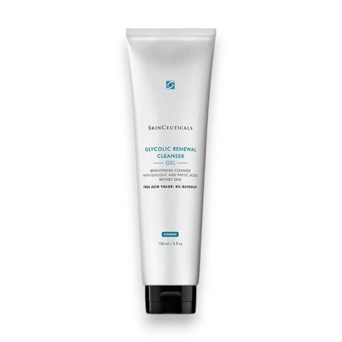 A white tube with blue text, the SKINCEUTICALS - GLYCOLIC RENEWAL CLEANSER from SKIN CEUTICALS promises a bright complexion.