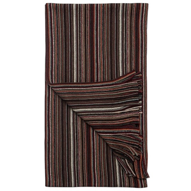 A folded multi-striped wool scarf with fringe edges from AMANDA CHRISTENSEN, featuring vertical lines in olive, brown, black, red, and cream.