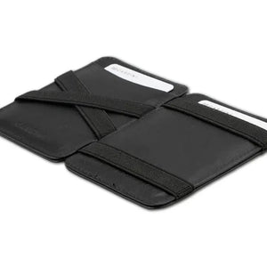 The GARZINI Magic Slim RFID-blocking leather wallet in black features multiple card slots and a sleek design, shown on a white background.