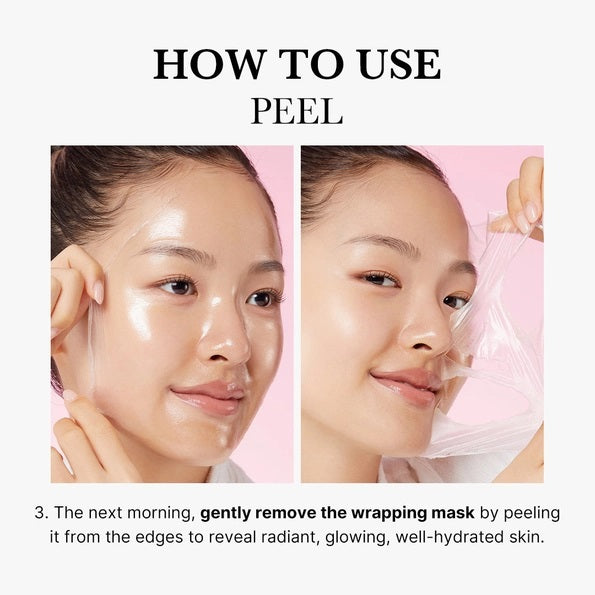 A pink tube of KOSMIC KBEAUTY SKINCARE MEDICUBE - COLLAGEN NIGHT WRAPPING MASK, 75ML is showcased against a clear, glossy liquid backdrop. The packaging emphasizes collagen extract and intensive night care benefits, making it an ideal overnight mask for radiant skin and long-lasting hydration.