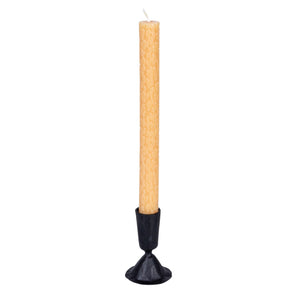 The CREATIVE COOP HAND-FORGED CAST IRON TAPER HOLDER in black features a hammered texture, wide flared base, and slender cylindrical top—ideal for industrial decor and shown upright against a plain white background.