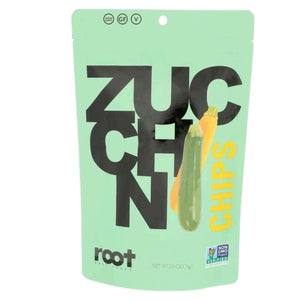 A graphic displays two zucchinis and zucchini slices with the text “approx. 2 lbs of fresh zucchini,” alongside a ROOT FOODS bag labeled “ROOT FOODS - ZUCCHINI CHIPS,” indicating that it takes about 2 lbs of fresh zucchini to make one bag of these tasty ROOT FOODS veggie chips.