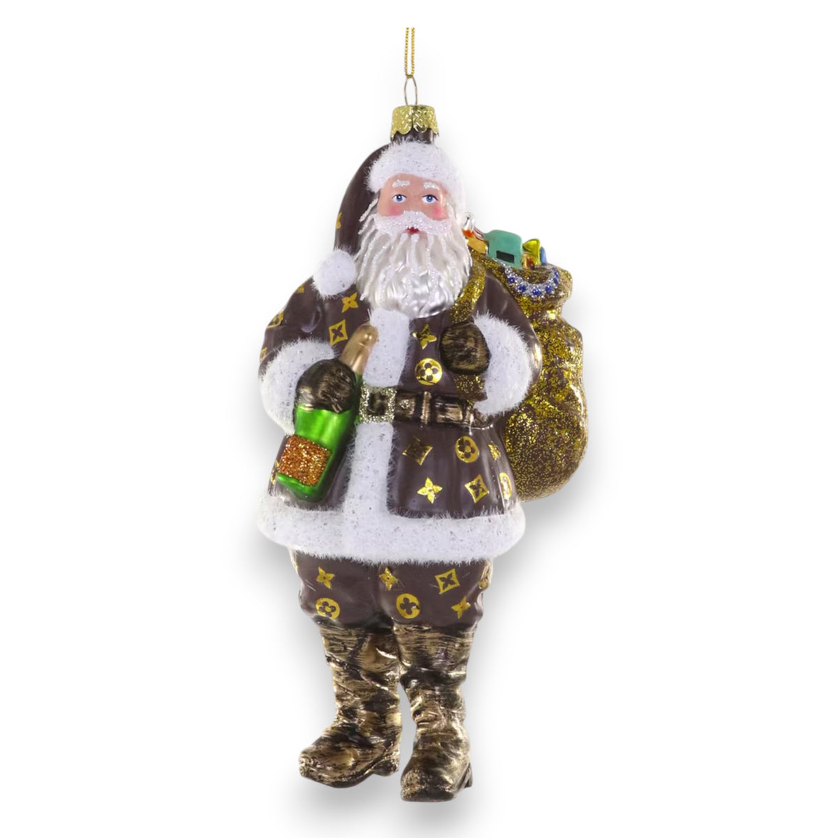 The LUXE SANTA ORNAMENT by CODY FOSTER features Santa in a brown suit with white trim, holding a green bottle and gold sack—ideal for collectors or as a unique gift for design lovers.